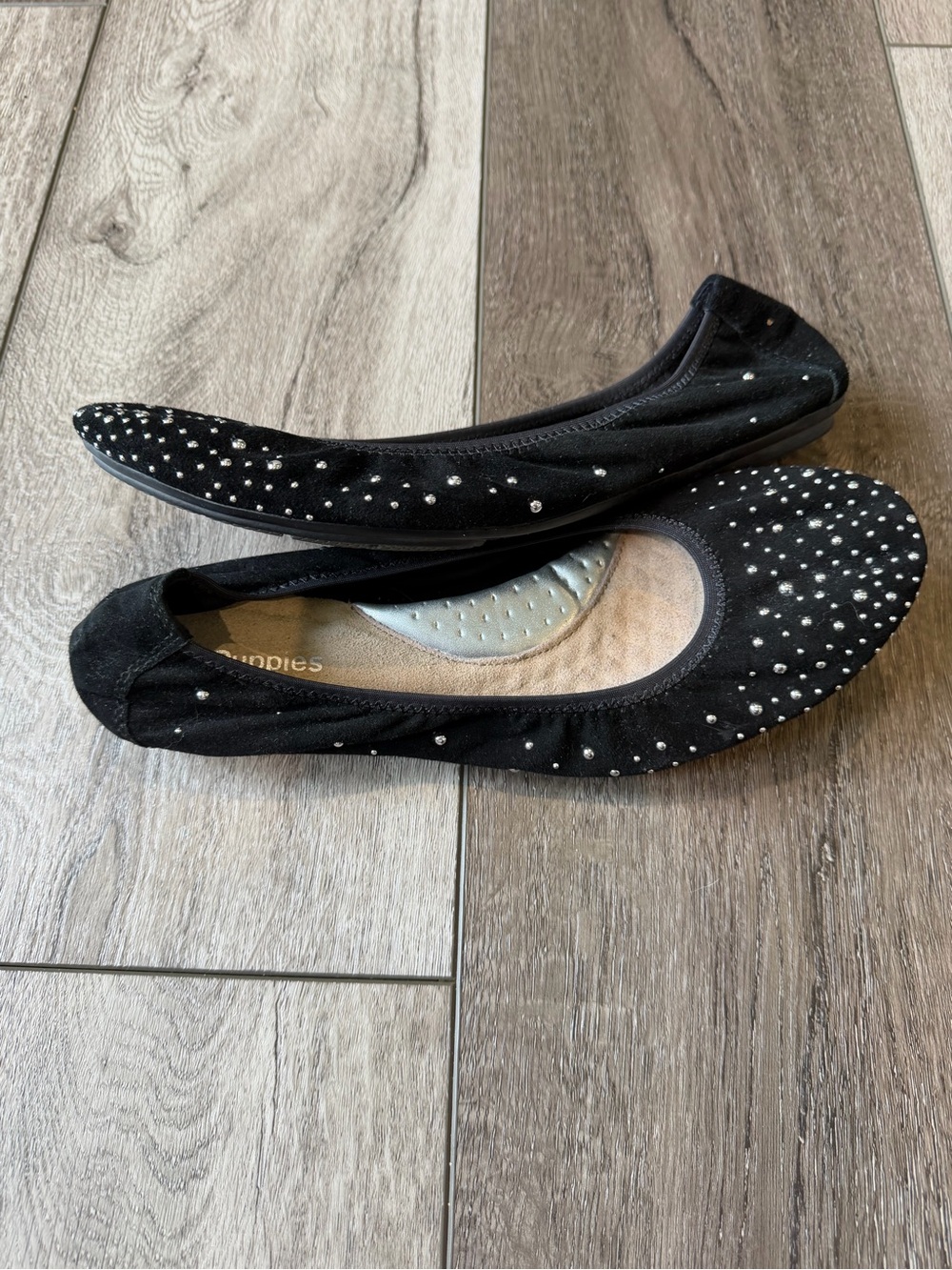 Hush Puppies-Chaste Black Suede Ballet Flats with Silver Stud Accents- Comfort - Picture 6 of 11